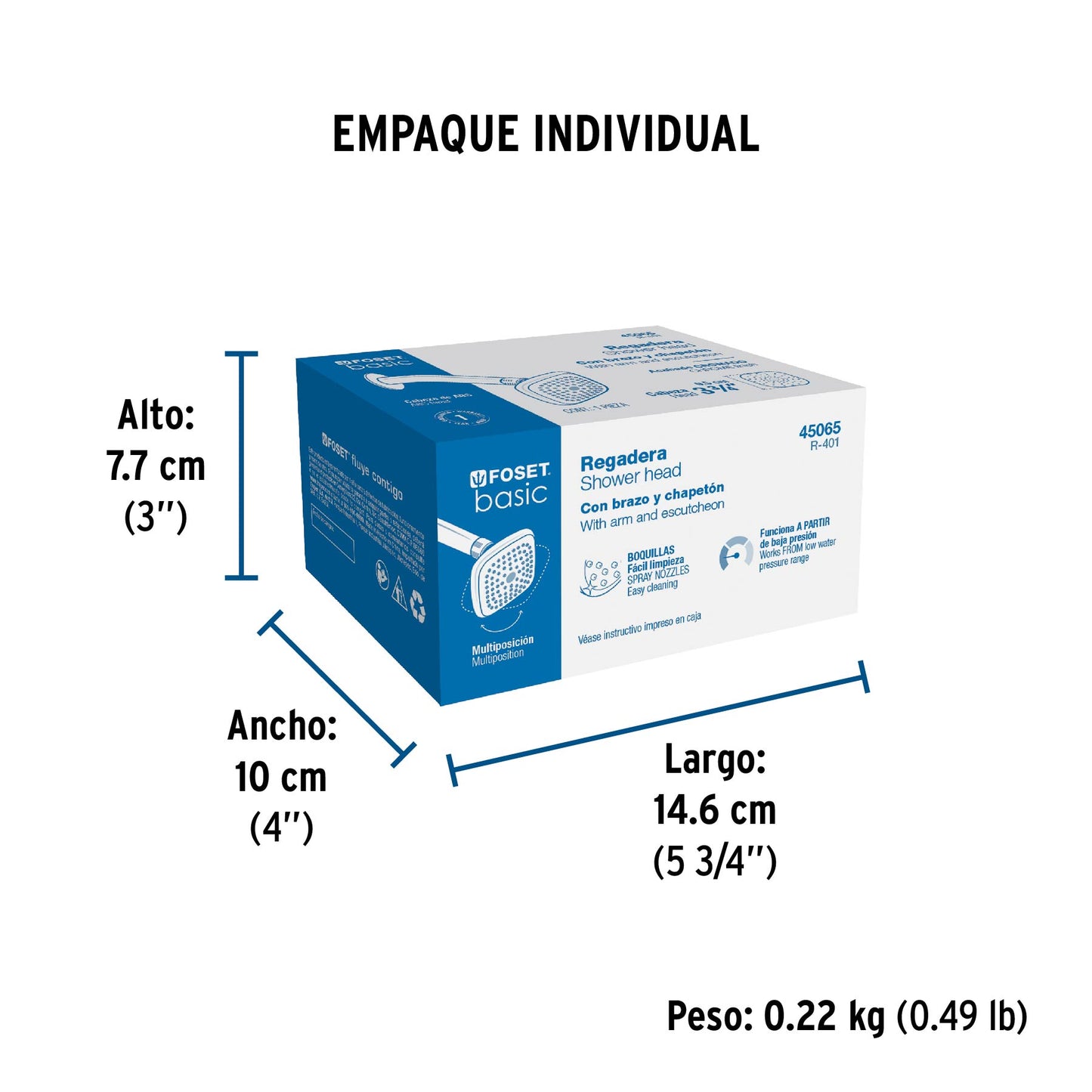 Regadera cuadrada 3-3/4" brazo y chapetón de acero, Foset 45065