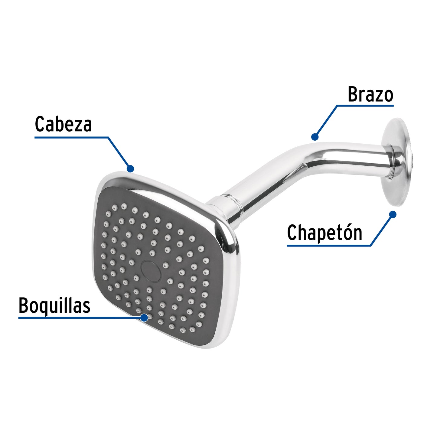 Regadera cuadrada 3-3/4" brazo y chapetón de acero, Foset 45065