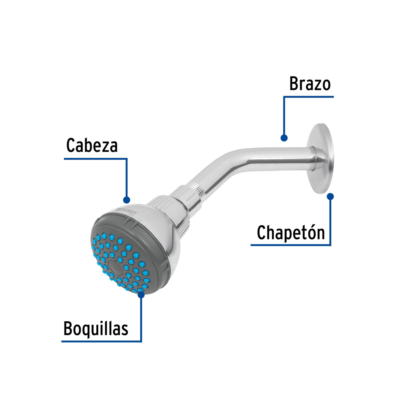 Regadera redonda 2-1/2" brazo y chapetón de acero, Foset 49245