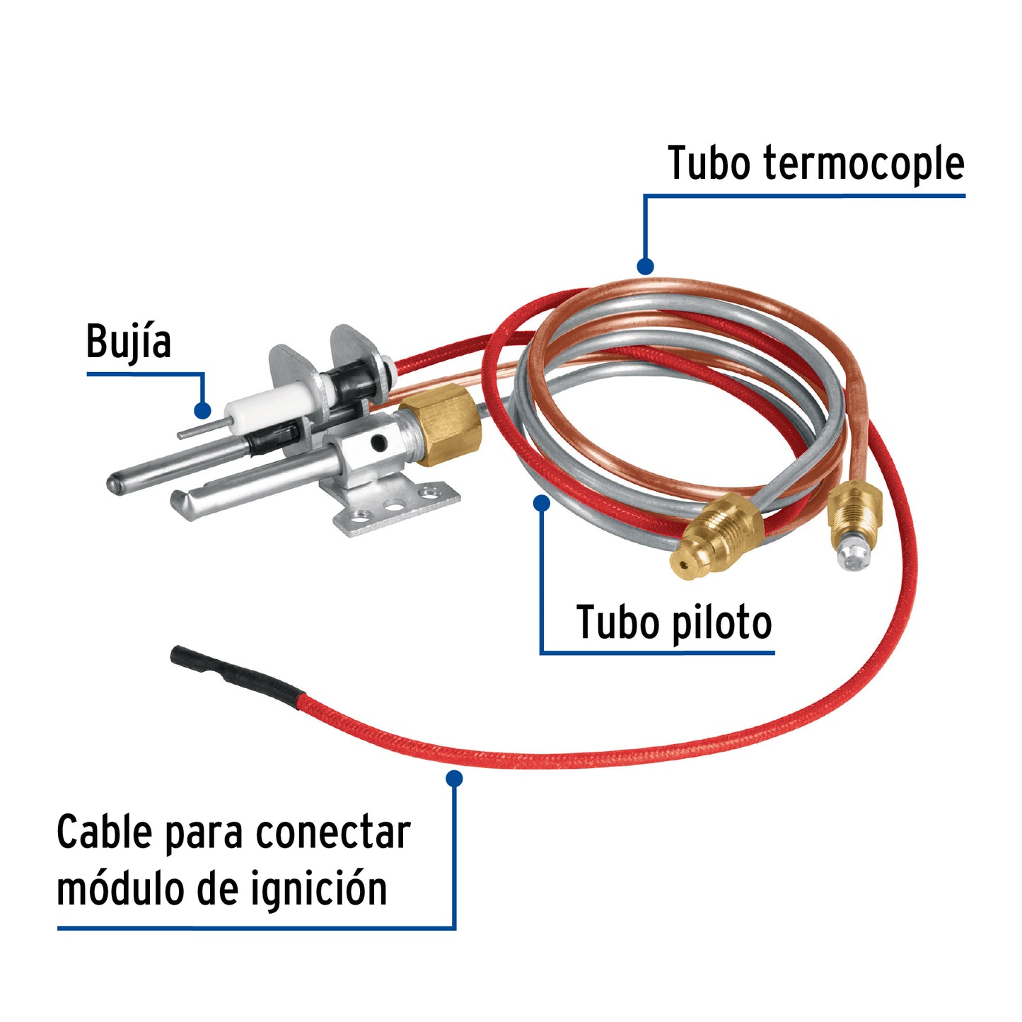 Termopar tipo flauta con bujía, 60 cm, Foset 46149