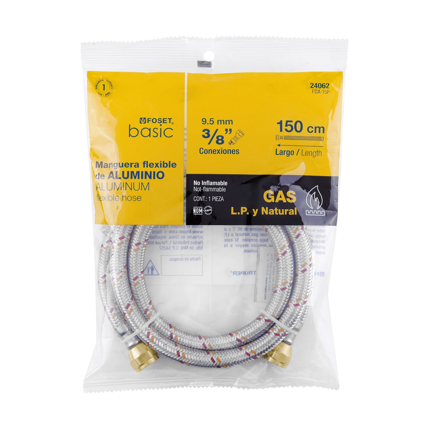 Manguera para gas, aluminio, 3/8", 150 cm, Foset Basic 24062