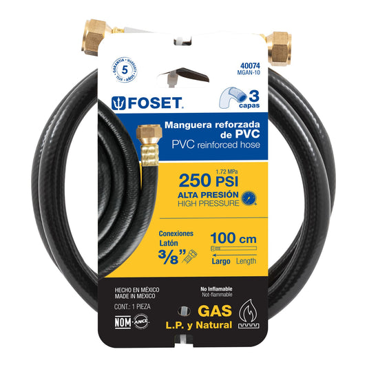 Manguera para gas, PVC negra, 3/8"x1 m, c/conexión, Foset 40074