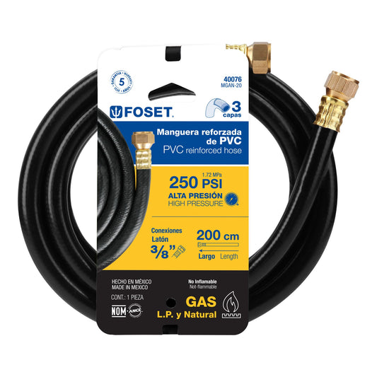 Manguera para gas, PVC negra, 3/8"x2 m, c/conexión, Foset 40076