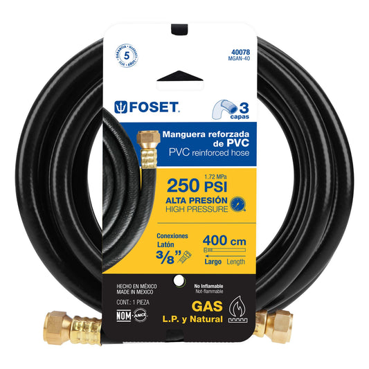 Manguera para gas, PVC negra, 3/8"x4 m, c/conexión, Foset 40078