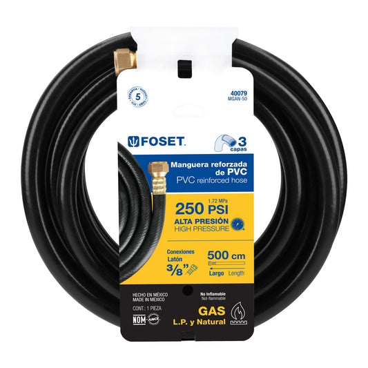 Manguera para gas, PVC negra, 3/8"x5 m, c/conexión, Foset 40079