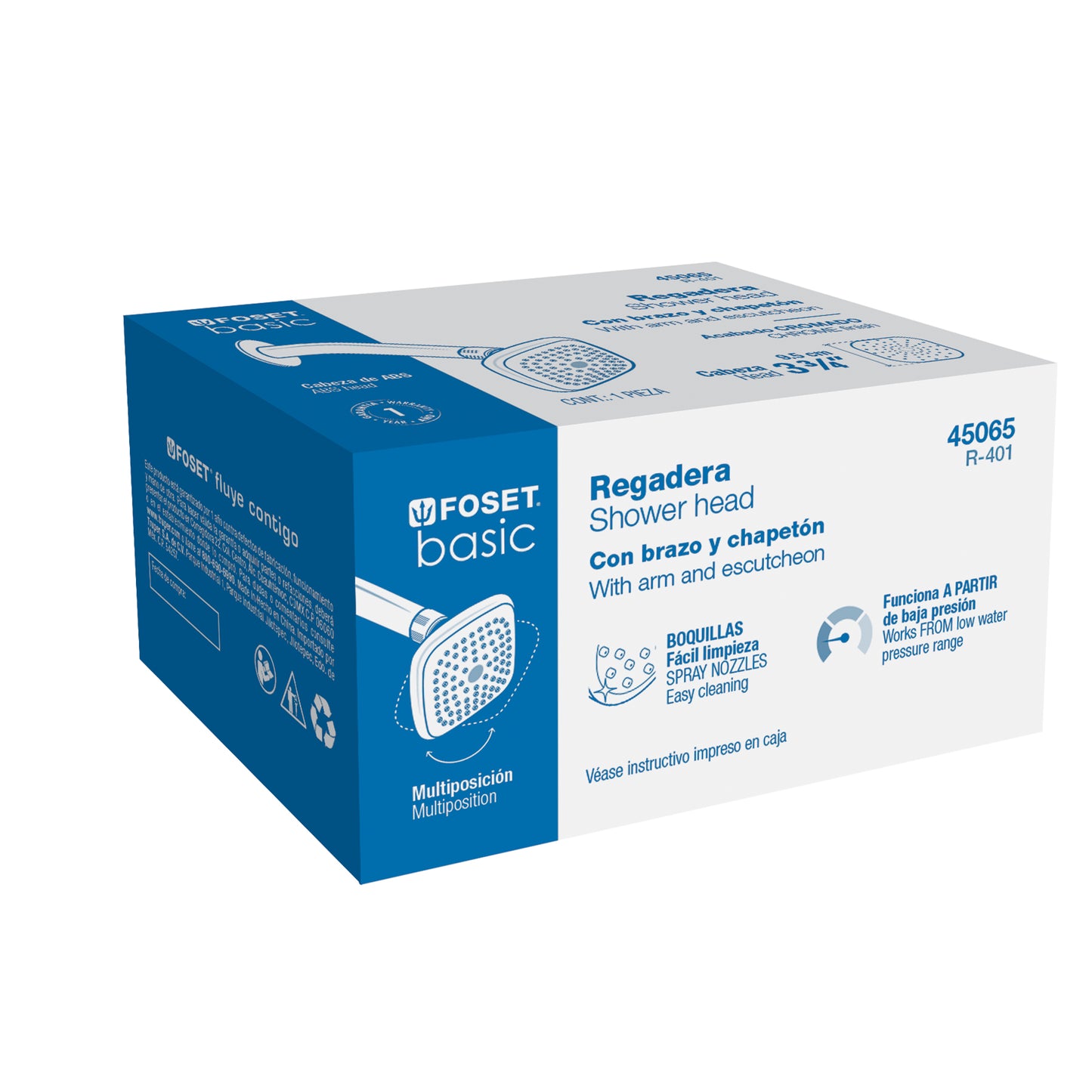 Regadera cuadrada 3-3/4" brazo y chapetón de acero, Foset 45065