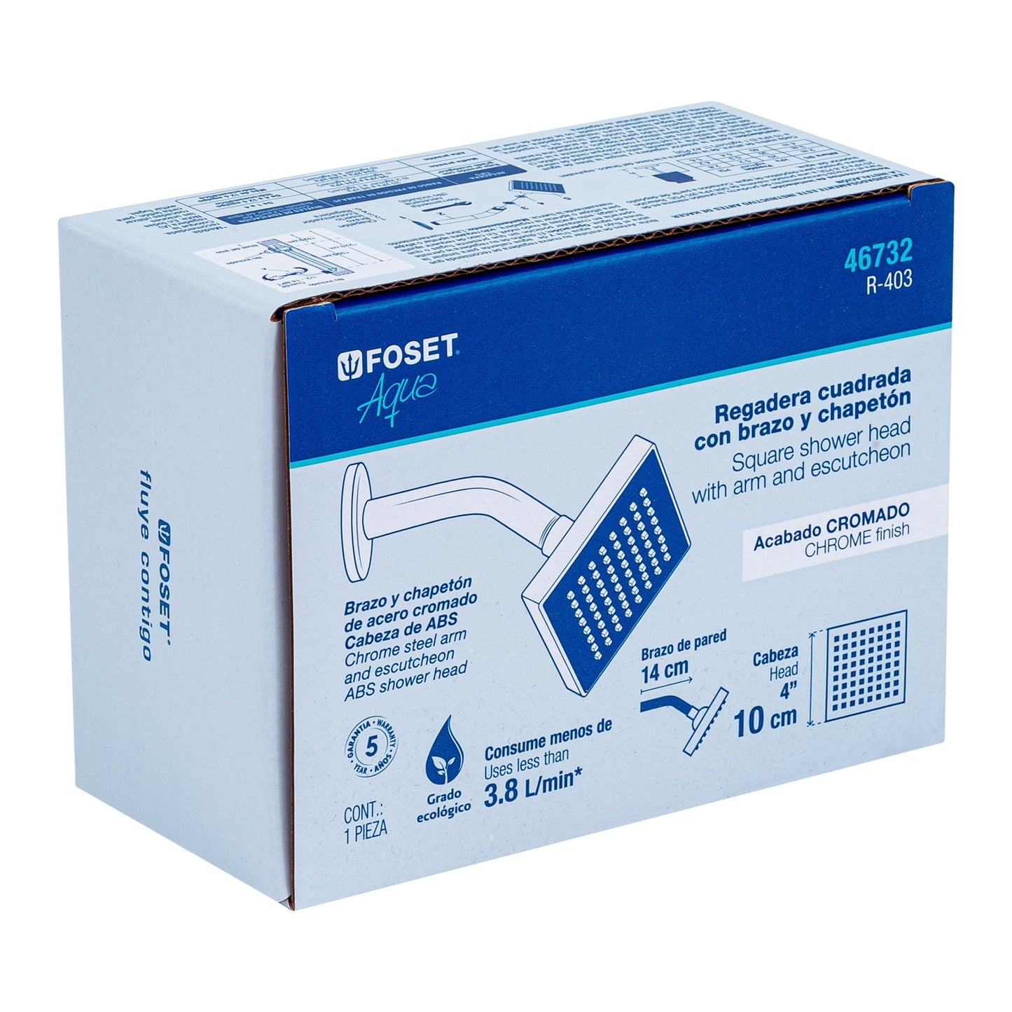 Regadera cuadrada ABS 4" acabado cromo con brazo, Foset 46732