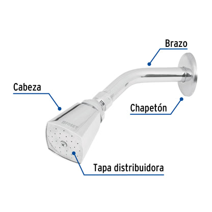 Regadera cuadrada 2" brazo y chapetón de acero, Foset 49248