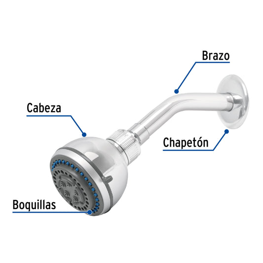 Regadera 3", 5 funciones brazo y chapetón de acero, Foset 49259